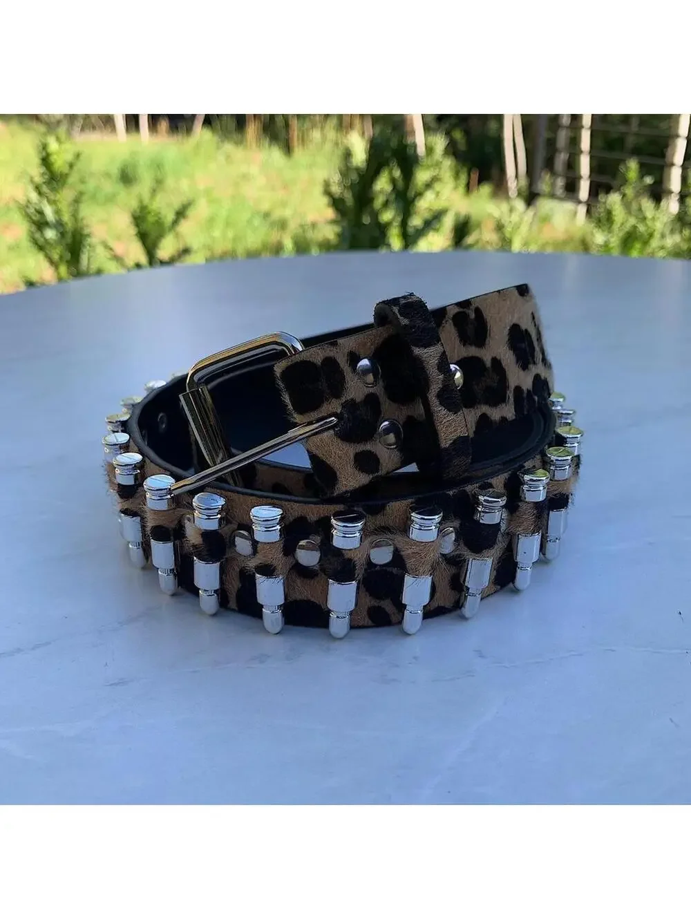 Cyber Bullet belt Cheetah Fur studded vintage y2k style. Cool grunge/punk look